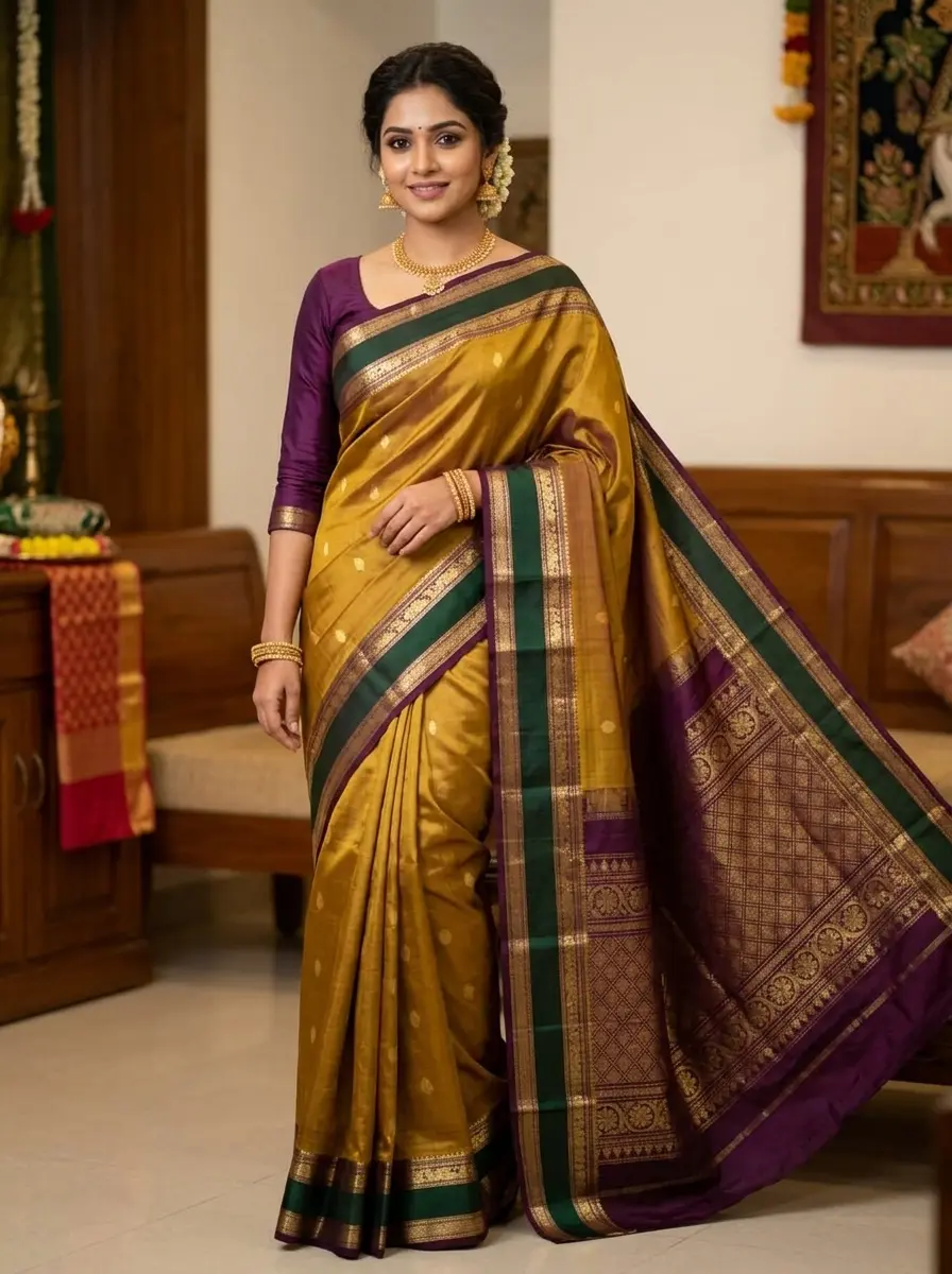 Mustard Yellow & Deep Purple Silk Saree